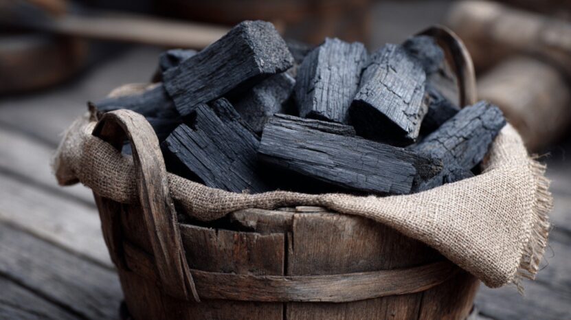 Wooden bucket filled with black charcoal pieces on a rustic table
