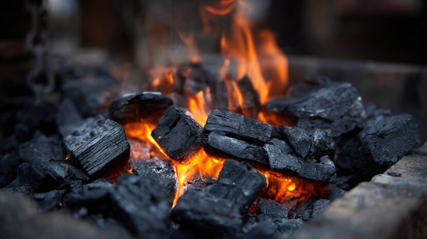 Burning charcoal pieces with orange flames in a grill