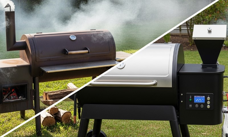 Barbecue grill emitting smoke, shown in two different images